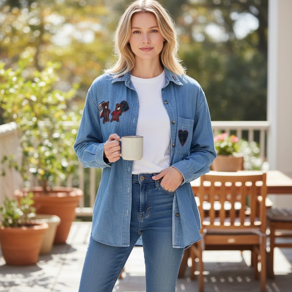Denim Button-Down Shirt with Bear Embroidery